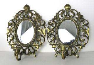 Antique 2 Ornate Cast Brass Rococo Candle Wall Sconces W/mirror Reflectors Yqz photo