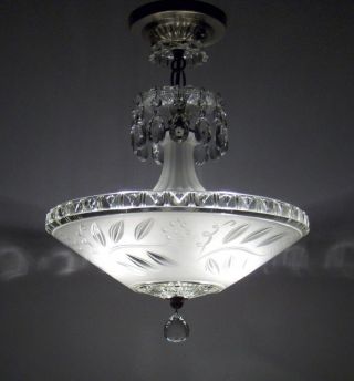 Antique Art Deco Glass Shade Ceiling Lamp Light Fixture Vintage Chandelier photo