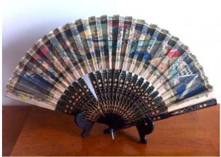 Large 19c Antique Lacquer Handpainted Chinese Silk Fan - Great Wall Of China photo