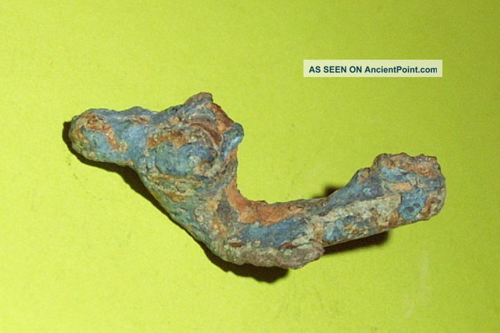 Ancient Roman Trumpet Brooch Blue Patina Jewelry Fibula Artifact Antique Roman photo