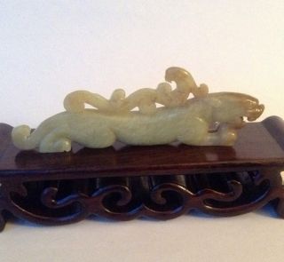 Antique Chinese Celadon Jade Tiger Or Dragon With Phoenix Carved Statue photo