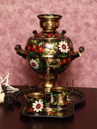 Vintage Russian Hand Painted Electric Samovar / Tea Urn +tray + 2 Cup Holders photo