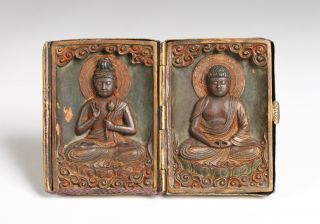 Antique Japanese Bronze & Wood Folding Icon/buddha - Shakyamuni&guanyin/edo Period photo