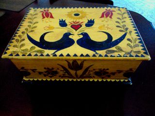 Antique Wood Box - With Dutch Hand Painted Tulip & Hearts & Doves photo