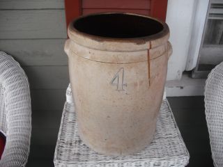 Vintage 4 Gallon Antique Salt - Glazed Stoneware Crock - Marked 4 In Blue - Awesome photo