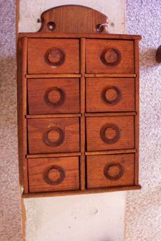 Primitive 1800 ' S Hanging Spice Cabinet - Oak 8 Drawers - Primitive And Lovely photo