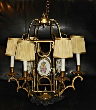Antique Brass 6 Arm Copodimonte Chandalier Porcelain Flower Panels Stamp Italy photo