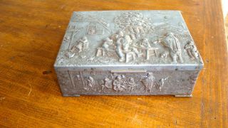 Lovely Old Bronce Box With A Wood Lining Decorative Figures Scene All Around photo