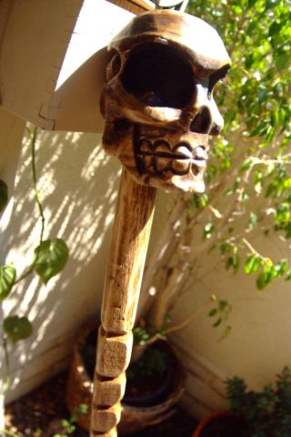 Staff Ceremonial Skull Wood Walk Stick,  Grave Marker? Carved 62 
