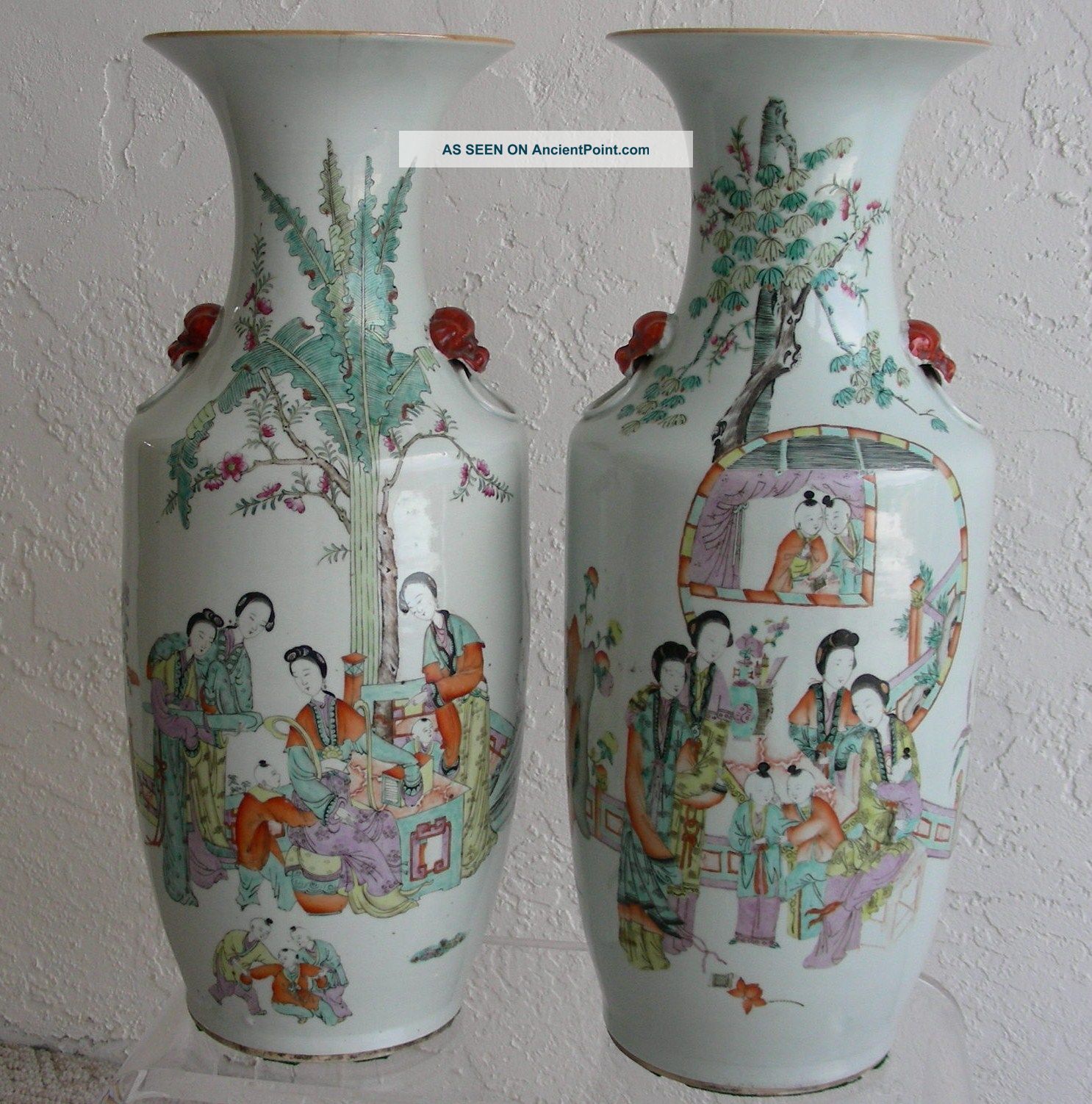 Antique Pair Chinese Qianjiang Qing Early Republic Poem Vases Lion Dog Handles Vases photo