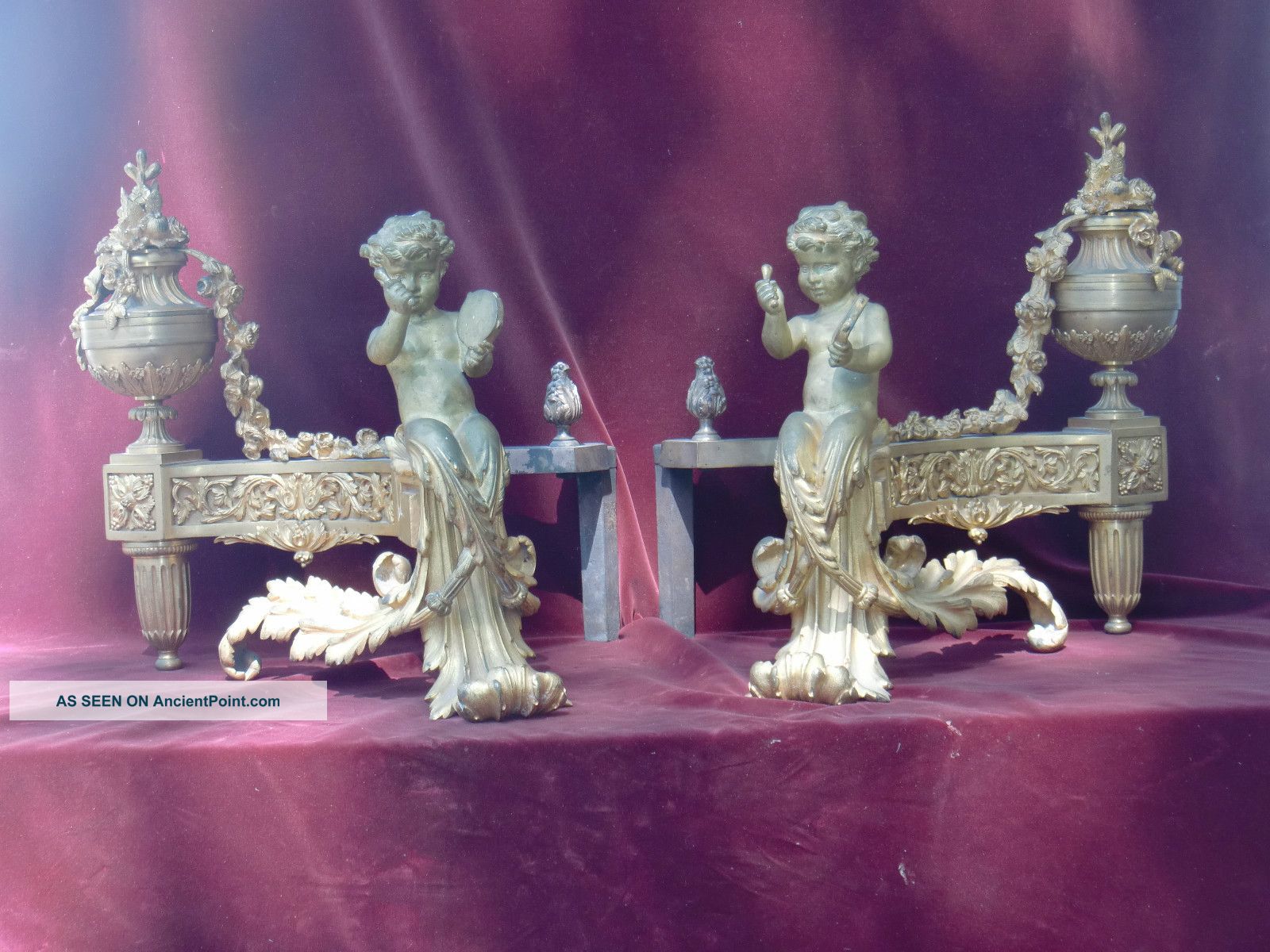 Stunning Pair Of Palatial Gilded French Bronze Chenets 1 9c.  Cherubs Metalware photo