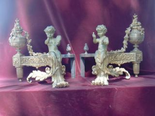 Stunning Pair Of Palatial Gilded French Bronze Chenets 1 9c.  Cherubs photo