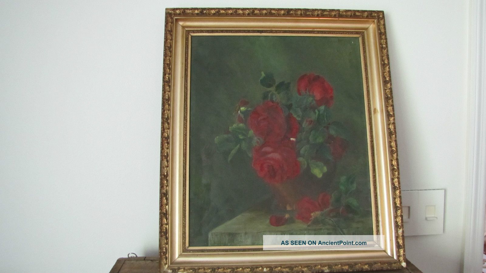 Large Antique Shabby Red Roses Drawing Oil Painting Picture Gilt Frame Other photo