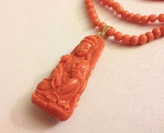 Antique Vintage Chinese 14k Gold Salmon Red Coral Guanyin Pendant Necklace photo