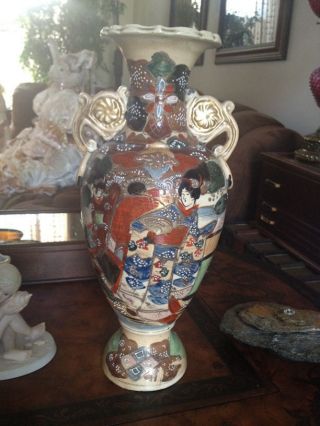 Moriage Antique Japanese Moriage Large Vase Hand - Painted photo