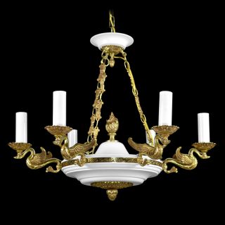 French Empire Chandelier Bronze Brass Gold Gilt Gilded Tole White Hanging Light photo