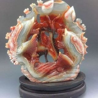 100% Natural Agate Carved Statue - Fish & Lotus photo