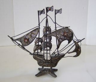 Antique 800 Silver Wire Spanish Galleon Ship Enamel Crosses On Sales – Intricate photo