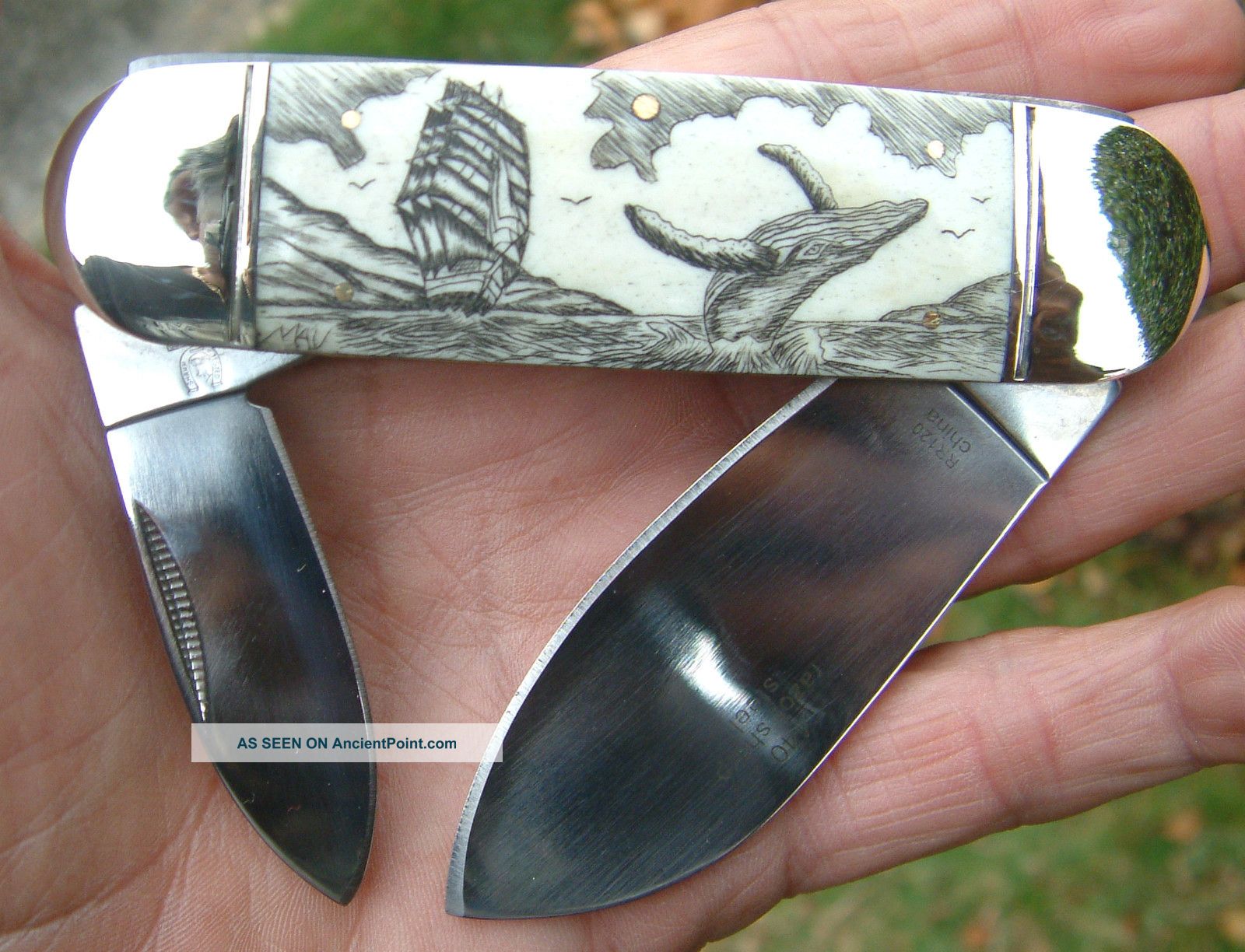 Authentic,  Collectible Scrimshaw Ship,  Whale,  2 Blade Bone Folding Knife/knives Scrimshaws photo