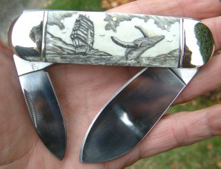 Authentic,  Collectible Scrimshaw Ship,  Whale,  2 Blade Bone Folding Knife/knives photo