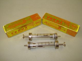 Set Of 2 Pcs Vintage Old Glass & Brass Syringes Prema Boxed photo
