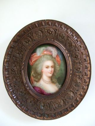Antique Miniature Portrait Marie Antoinette Hand Painted Carved Frame Signed photo