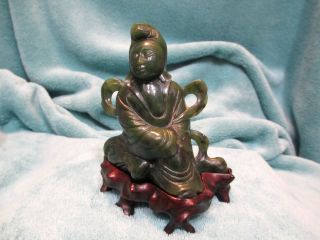 Vintage Carved Jade Chinese Sitting Figure Statue On Fitted Wood Base Stand photo