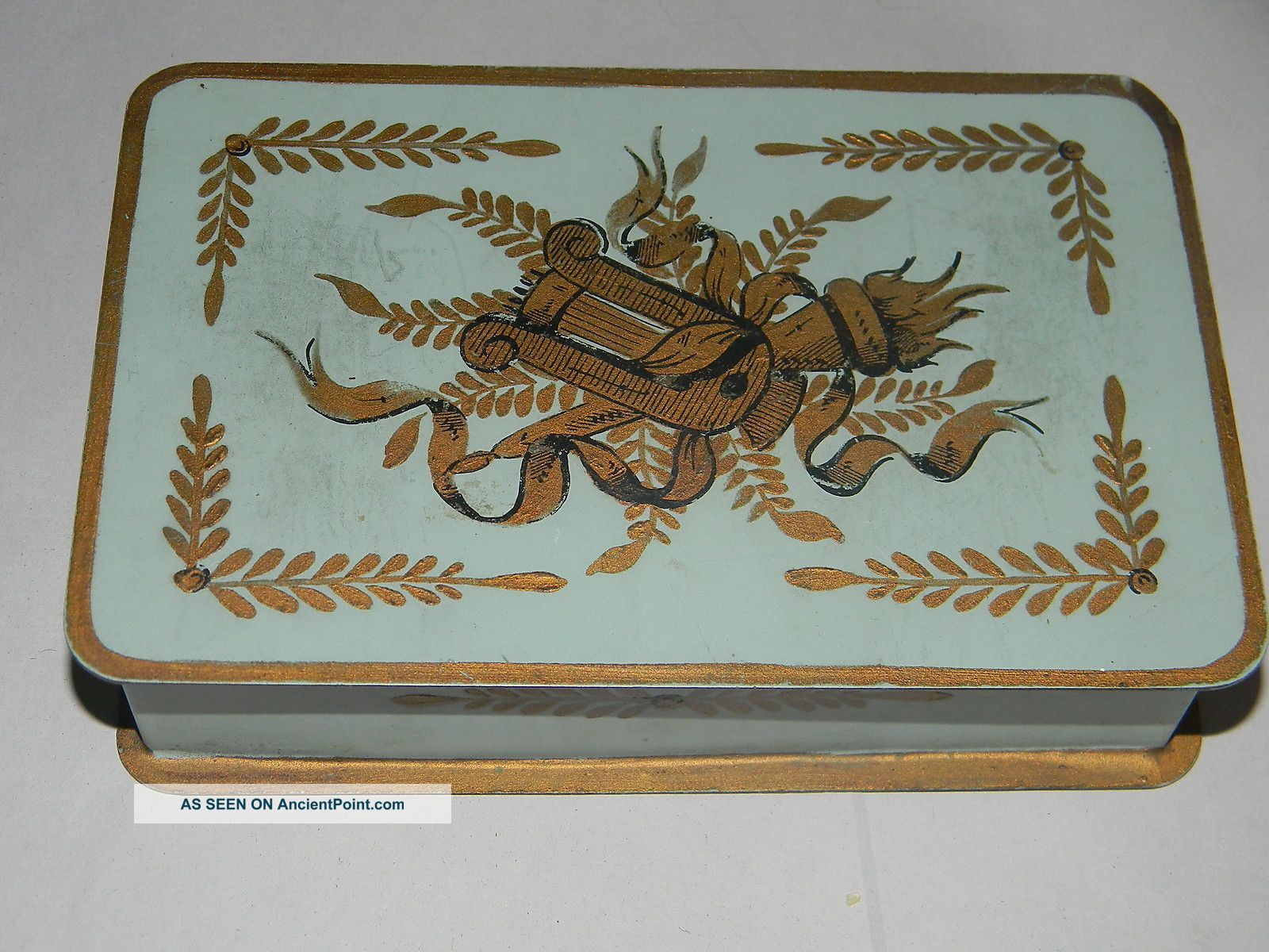 Antique French Hand Painted Art Nouveau Metal Hinged Box - Blue,  Gold Metalware photo