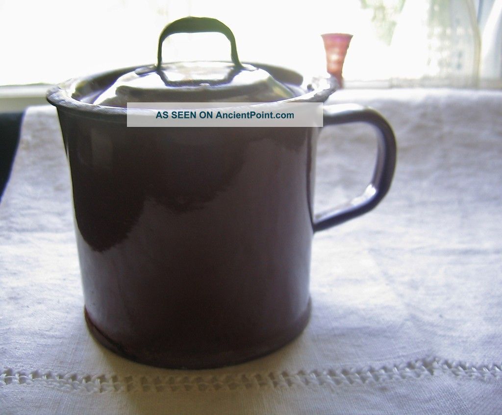 Antique Enamelware Milk Boiler Cup Mug With Lid Rustic Hearth Ware photo
