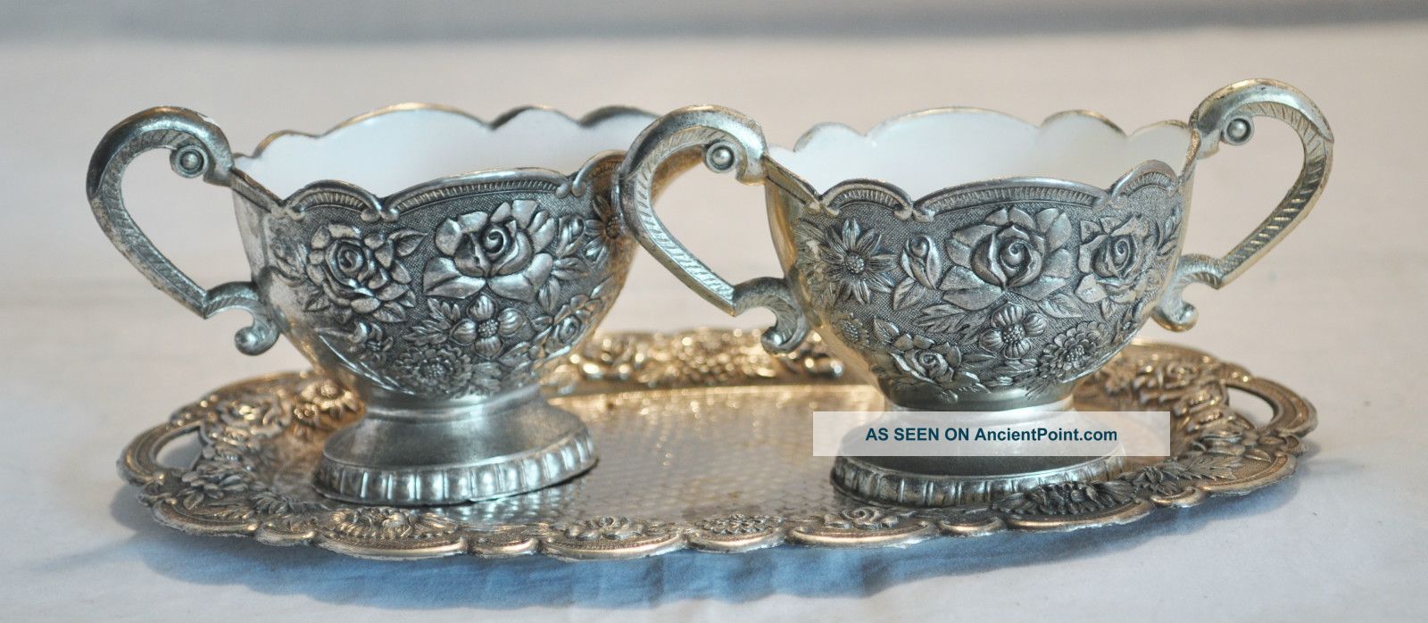 Vintage Sugar And Cream Pitcher With Tray White Porcelin And Silver Plate Flower Creamers & Sugar Bowls photo