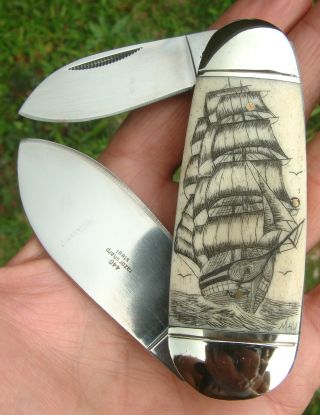 Double Sided Nautical Scrimshaw Art,  Ship,  Lighthouse,  Dock Folding Knife/knives photo