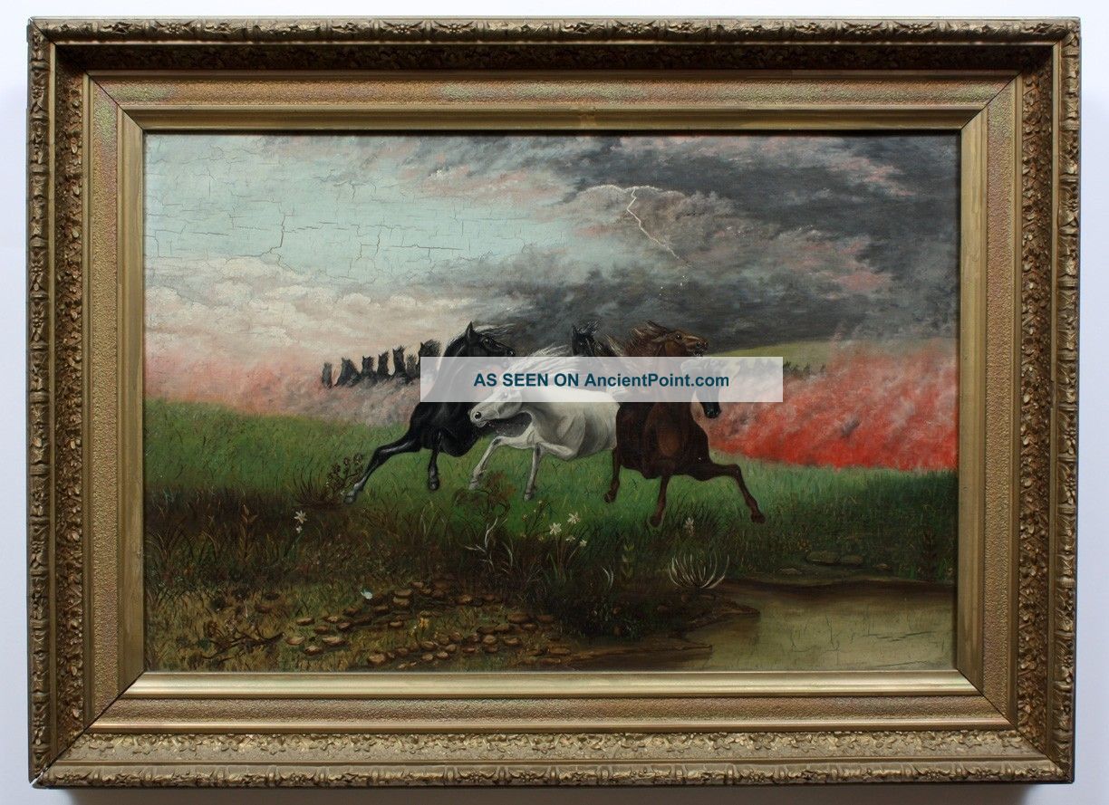 Powerful California Landscape Oil Painting Forest Fire Lighting Strike Horses Folk Art photo
