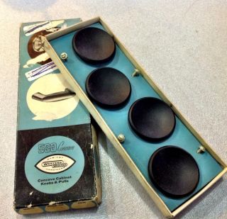 Nos Vintage In Box Black Concave Cabinet Round Knobs Pulls 2 1/2 