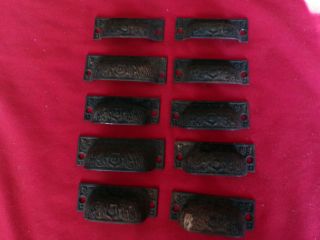 Hard To Find Set 0f 10 Antique Victorian Cast Iron Eastlake Bin Drawer Pulls photo