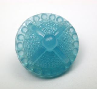 Antique Charmstring Glass Button Turquoise Cross Mold Dome W/ Pebble Back photo