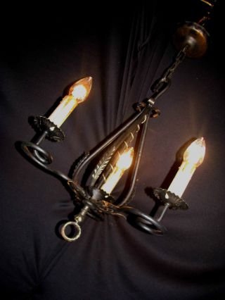Vtg Gothic Deco Wroth Iron Tole Toleware Chandelier Ceiling Light Fixture Old photo