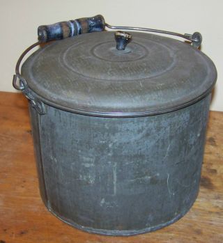 Antique Tin Pail W / Cover And Wood Handle photo
