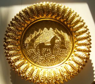 Lg Ornate Bright Gold Sun Shape Metal Tin Footed Bowl Russian ? Horse & Trees photo