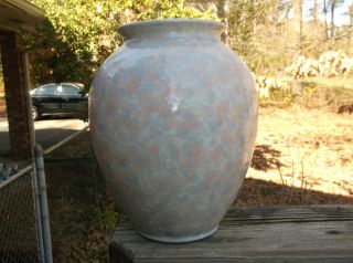 Mid - Century Modern Textured Blue & Coral Glaze West German Art Pottery Jar Vase photo