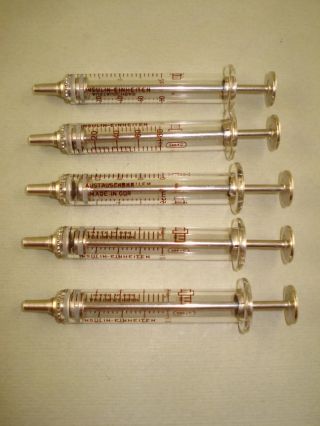 Set Of 5 Pcs Vintage Old Germany Glass & Brass Insulin Syringes Mlw 2ml photo