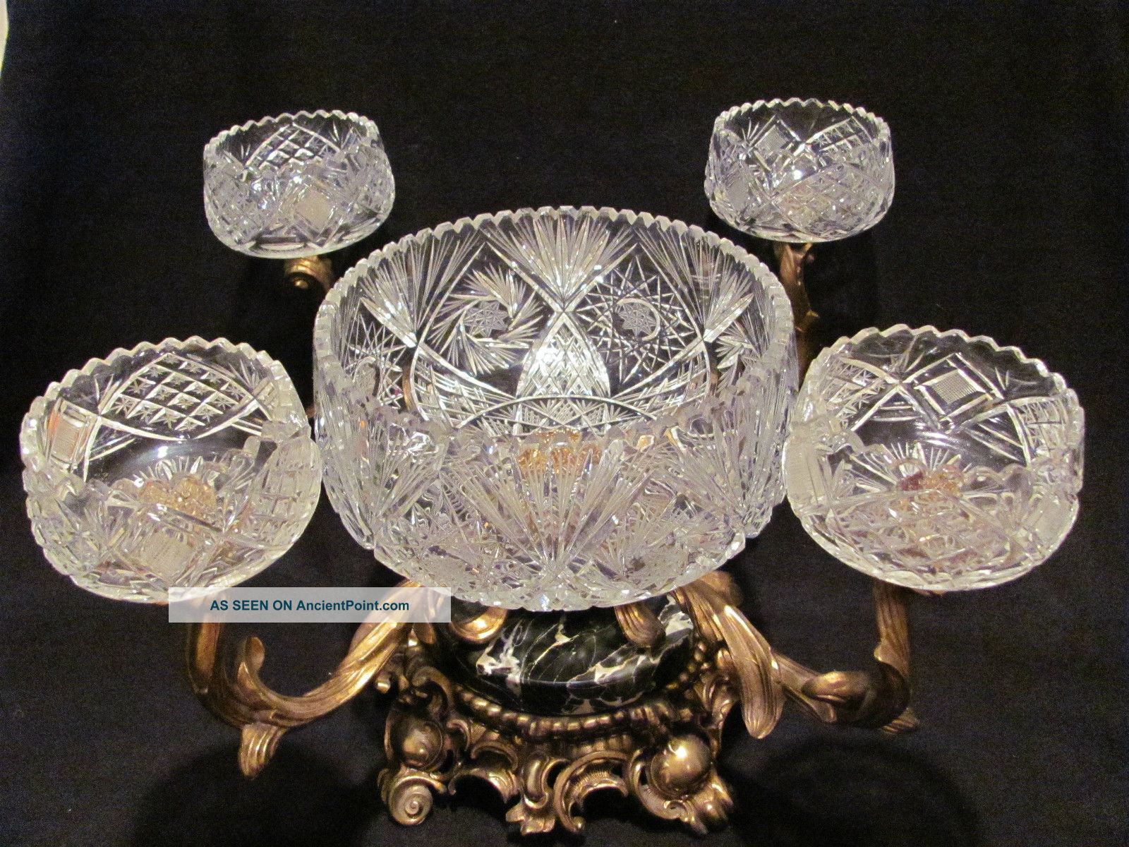 Large Antique Hollywood Regency Cut Crystal,  Brass,  And Marble Centerpiece Metalware photo