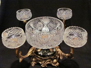 Large Antique Hollywood Regency Cut Crystal,  Brass,  And Marble Centerpiece photo