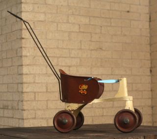 Antique Vintage Turner Metal Tin Baby Doll Bear Crib Basket Wagon Stroller Toy photo