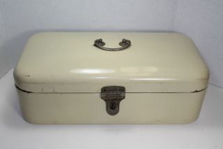 Vintage / Antique Enamelware Bread Box Metal Enamel Bin Graniteware Art Deco photo