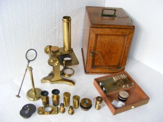 Brass Microscope By Pillischer Of London C.  1860 With Accessories photo