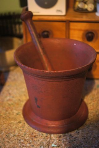 Heavy Iron Antique Mortar And Pestle Old Red Paint Great Antique Piece photo