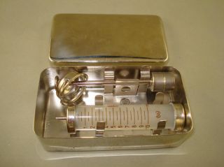Vintage Old Glass & Brass Syringe 10ml With Metal Box Sterilizer photo