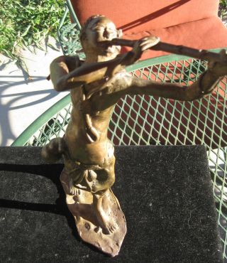 Antique Japanese Bronze Man Statue Playing Flute photo