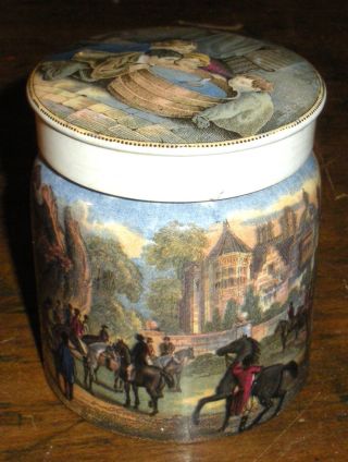 Antique 1800s Apothecary Ceramic Jar W/ Hunting Scene & Horses Around Sides Vafo photo