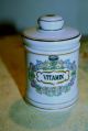 Vintage 1950s Porcelain Apothecary Vitamin Jar With Gold Trim Bottles & Jars photo 1